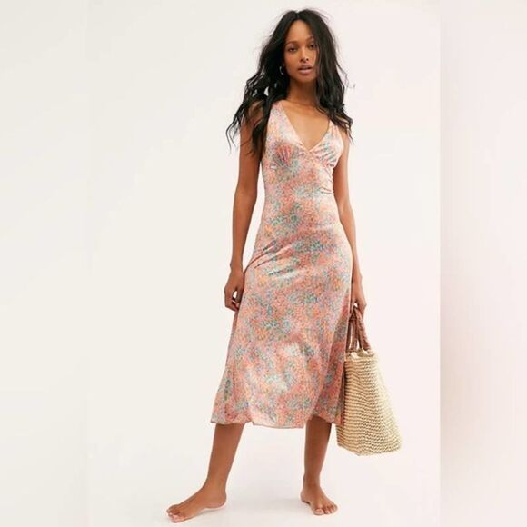Free People Floral Midi Dress - Peach and Aqua - Picture 1 of 12